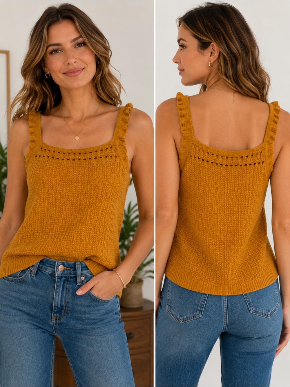 J.Crew Mustard Gold Knit Tank Top Ruffle Straps 100% Cotton Size M